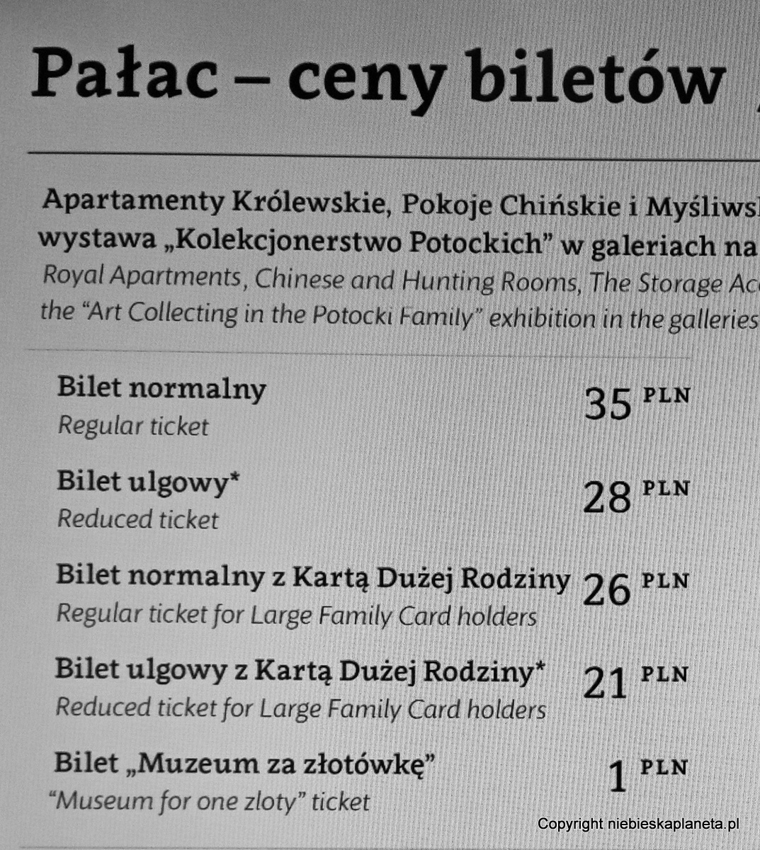 Wilanów bilety cena